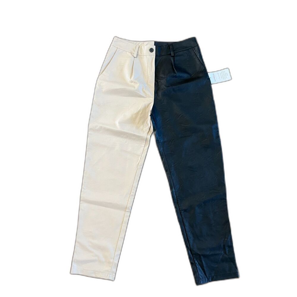 NWT Venti6 Color Block Black Beige Faux Leather Pants Size Large